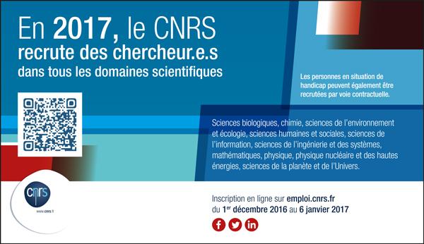 Le texte : En 2017 le CNRS recrute des chercheur.e.s dans tous les domaines scientifiques.
L&#039;image est à dominante bleue, uniquement constituée de textes.